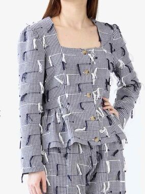 Nikki Chasin Gingham Fringe Cardigan Size 4 Cotton Peplum Tassel Made in USA